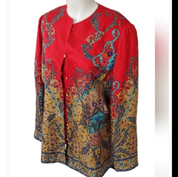 💐💐Vintage Silk Anne Grimmins Lightweight Red Print Blazer. Size 16. - Picture 1 of 8
